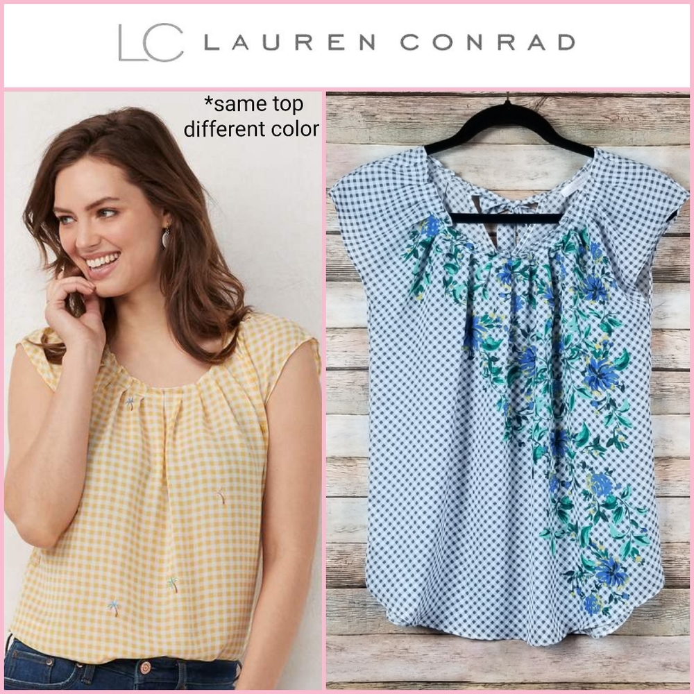 NEW LC Lauren Conrad Gingham Pleat Neck Top - Picture 1 of 5